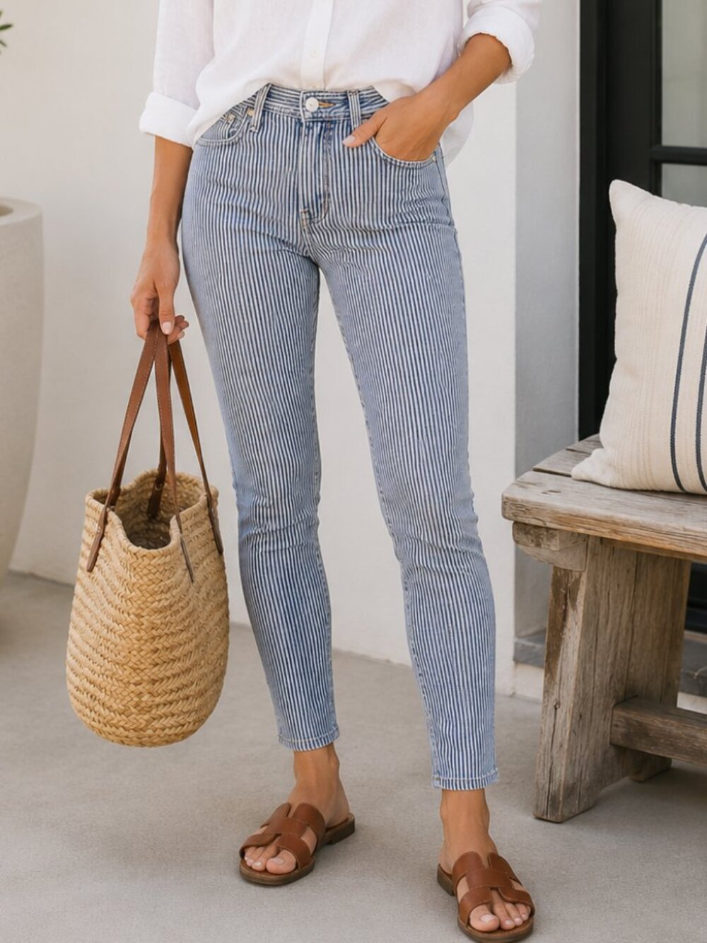 Banana Republic Railroad Stripe High Rise Skinny Jeans 27 Coastal Preppy Nautica